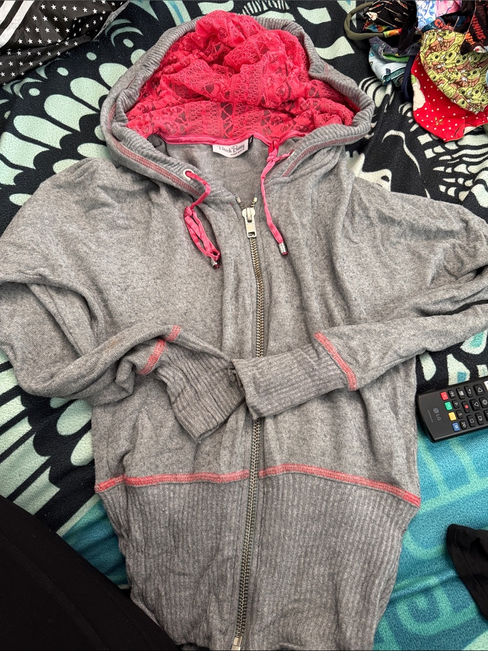 Beach Bunny Gray Zip Hoodie with Pink Lace Hood
